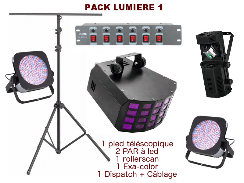 Pack lumière special mariage, anniversaire, soirée dansante. 1 pied télescopique, 2 PAR à leds, 1 Roller-scan, 1 Exa-color, 1 Dispatch + câblage. Pack lumière special mariage, anniversaire, soirée dansante. 1 pied télescopique, 2 PAR à leds, 1 Roller-scan, 1 Exa-color, 1 Dispatch + câblage.