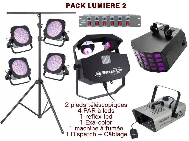 2 pieds télescopique, 4 PAR à leds, 1 Reflex Led, 1 Exa-color, 1 machine à fumée, 1 Dispatch + câblage 2 pieds télescopique, 4 PAR à leds, 1 Reflex Led, 1 Exa-color, 1 machine à fumée, 1 Dispatch + câblage