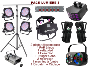 2 Pieds Télescopique, 4 PAR À Leds, 1 Reflex Led, 1 Exa-Color, 1 Stinger Gobo, 2 Rollerscan, 1 Machine À Fumée, 1 Dispatch + Câblage. Conseillé Jusqu’à 250 Personnes.
