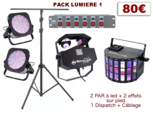 Pied télescopique, 4 PAR à leds, 2 multi-effets, 1 Dispatch + câblage