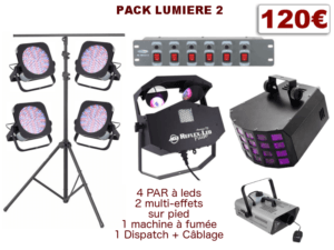 Pied télescopique, 4 PAR à leds, 2 multi-effets, 1 machine à fumée, 1 Dispatch + câblage