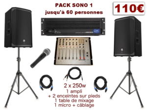 Pack sono special mariage, anniversaire, soirée dansante. 1 table de mixage, 1 ampli, 2 enceintes x 250 w, 1 micro, câblage.