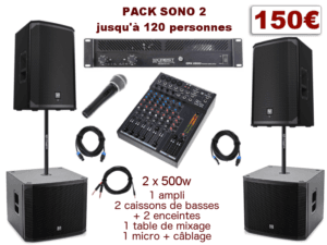 Pack sono special mariage, anniversaire, soirée dansante. 1 table de mixage, 1 ampli 2x500w, 2 caissons de basses, 2 enceintes, 1 micro, câblage.