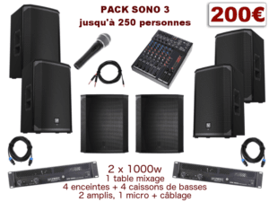 Pack sono special mariage, anniversaire, soirée dansante. 1 table de mixage, 2 amplis, 4 enceintes + 4 caissons de basses, 1 micro, câblage.