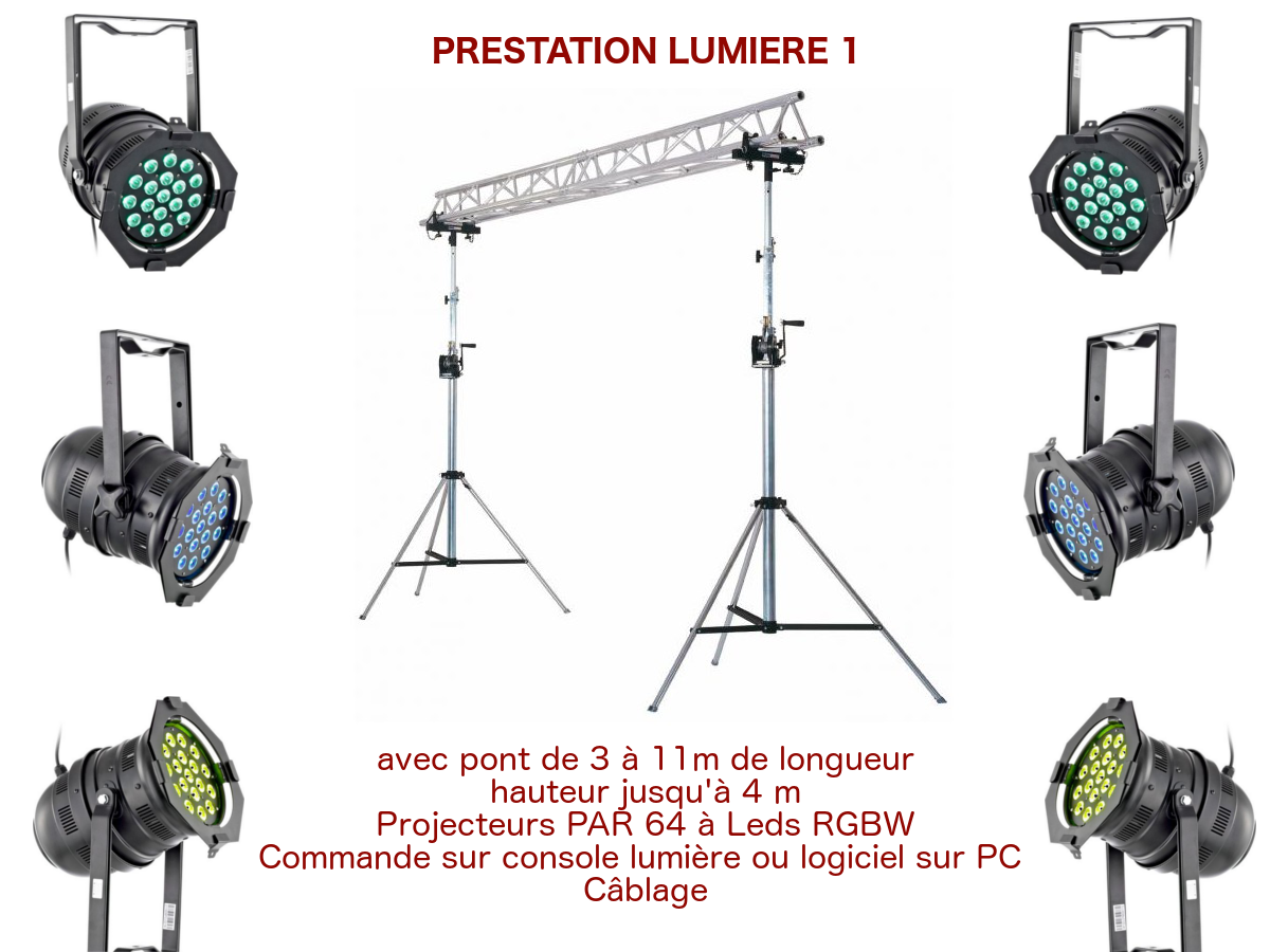 Prestation éclairage pour spectacle de petite envergure, conférence, inauguration avec pont de 3 à 11m de long, projecteurs Par 64 à leds blancs et couleurs, commande sur console traditionnelle et/ou logiciel sur PC câblage.