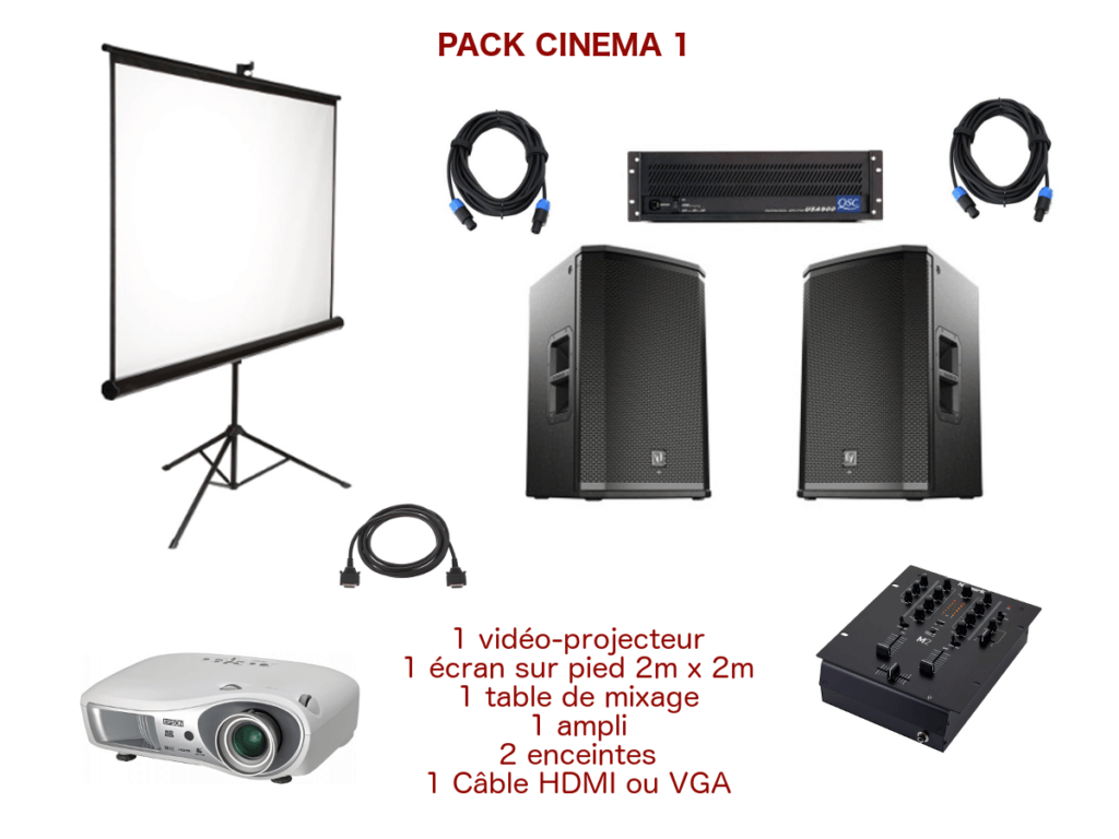 Pack vidéo projecteur avec écran special conférence, mariage, projection scolaire. 1 écran 2,00 m x 2,00 m sur pied télescopique, 1 Vidéo-projecteur + câblage, 1 ampli avec processeur, 1 table de mixage