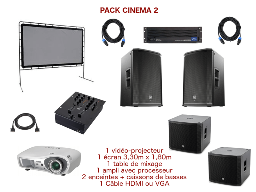 Pack vidéo projecteur avec écran special conférence, mariage, projection scolaire. 1 écran 3,30 m x 1,80 m sur structure, 1 Vidéo-projecteur + câblage, 1 ampli avec processeur, 2 enceintes + caissons de basses, 1 table de mixage