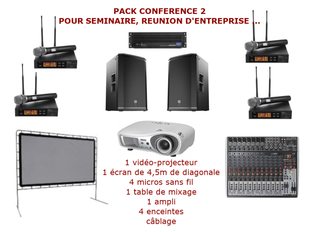 Location matériel pour conférence à Montpellier et environs. Vidéo-projecteurs, sonorisation, micro HF. Console de mixage jusqu'à 8 micros et 4 entrées ligne stéréo.