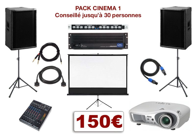 Pack vidéoprojecteur avec écran special conférence, mariage, projection scolaire. 1 écran 2,00 m x 2,00 m sur pied télescopique, 1 Vidéo-projecteur + câblage, 1 ampli avec processeur, 1 table de mixage