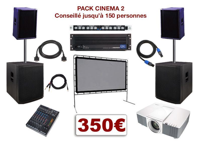Pack vidéo projecteur avec écran special conférence, mariage, projection scolaire. 1 écran 3,30 m x 1,80 m sur structure, 1 Vidéo-projecteur + câblage, 1 ampli avec processeur, 2 enceintes + caissons de basses, 1 table de mixage