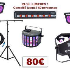 Pack lumière special mariage, anniversaire, soirée dansante. 2 PAR à leds, 2 multi-effets sur pied, 1 Dispatch + câblage.