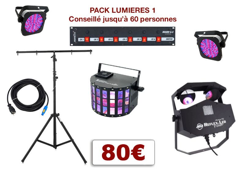 Pack lumière special mariage, anniversaire, soirée dansante. 2 PAR à leds, 2 multi-effets sur pied, 1 Dispatch + câblage.