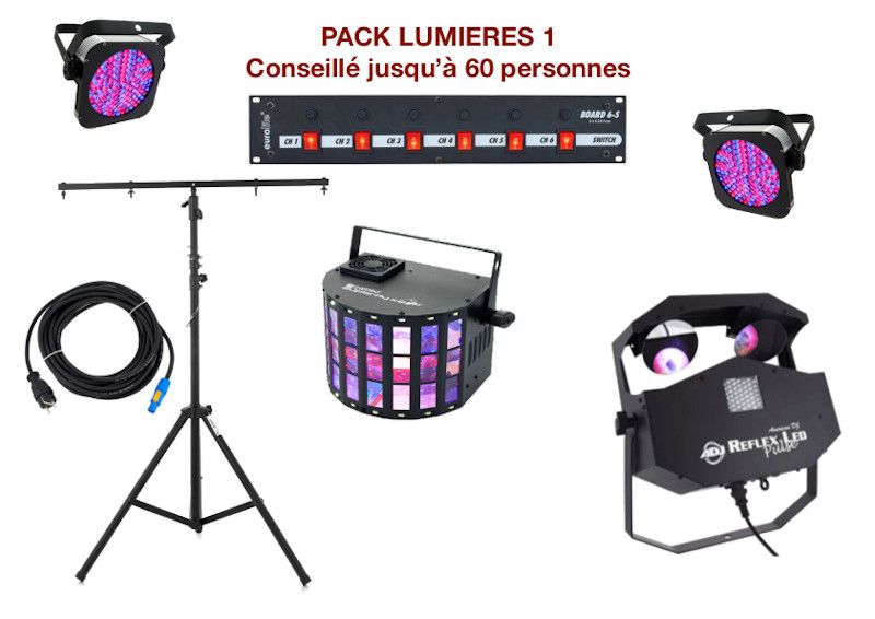 Pack lumière special mariage, anniversaire, soirée dansante. 2 PAR à leds, 2 multi-effets sur pied, 1 Dispatch + câblage.