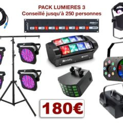 Location matériel éclairage pour mariage ou soirée dansante avec 2 pieds télescopique, 4 PAR à leds, 4 multi-effets, 1 machine à fumée, 1 Dispatch + câblage. Conseillé jusqu'à 250 personnes