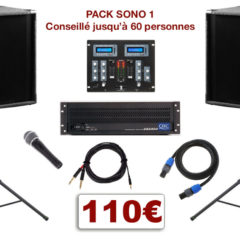 Pack sono special mariage, anniversaire, soirée dansante. 1 table de mixage, 1 ampli, 2 enceintes x 250 w, 1 micro, câblage.