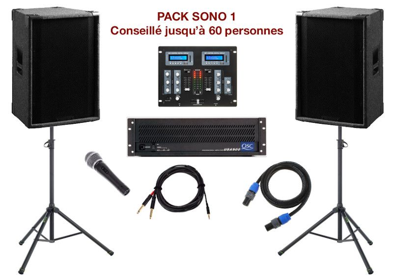 Pack sono special mariage, anniversaire, soirée dansante. 1 table de mixage, 1 ampli, 2 enceintes x 250 w, 1 micro, câblage.