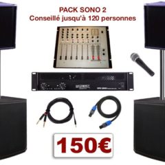 Pack sono special mariage, anniversaire, soirée dansante. 1 table de mixage, 1 ampli 2x500w, 2 caissons de basses, 2 enceintes, 1 micro, câblage.