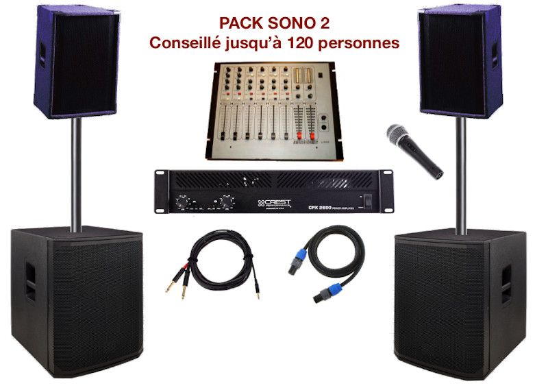 Pack sono special mariage, anniversaire, soirée dansante. 1 table de mixage, 1 ampli 2x500w, 2 caissons de basses, 2 enceintes, 1 micro, câblage.