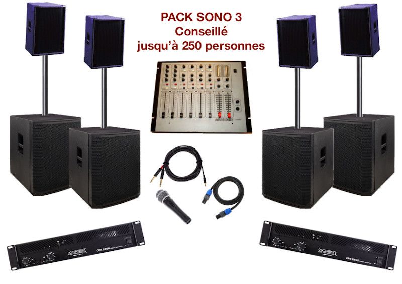 Pack sono special mariage, anniversaire, soirée dansante. 1 table de mixage, 2 amplis, 4 enceintes + 4 caissons de basses, 1 micro, câblage.