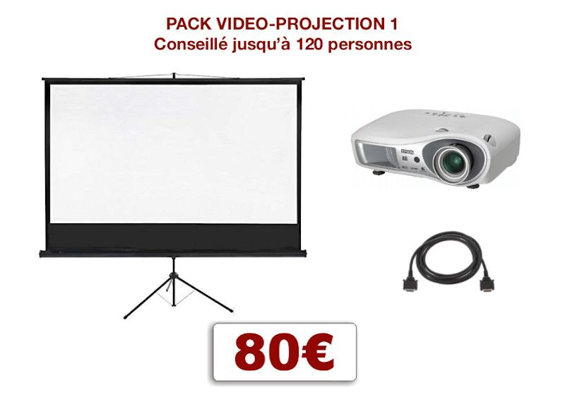 Pack vidéoprojecteur avec écran special conférence, mariage, projection scolaire. 1 écran 2,00 m x 2,00 m sur pied télescopique, 1 Vidéoprojecteur + câblage.