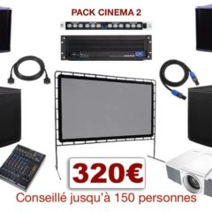 Pack vidéoprojecteur avec écran special conférence, mariage, projection scolaire. 1 écran 3,30 m x 1,80 m sur structure, 1 Vidéo-projecteur + câblage, 1 ampli avec processeur, 2 enceintes + caissons de basses, 1 table de mixage