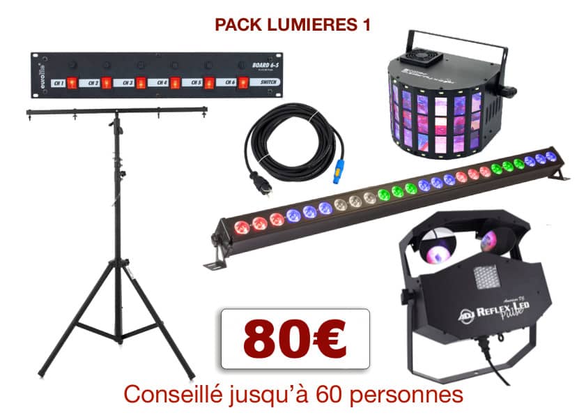 Pack lumière special mariage, anniversaire, soirée dansante. 2 PAR à leds, 2 multi-effets sur pied, 1 Dispatch + câblage.