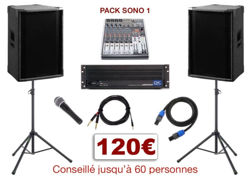 Pack sono special mariage, anniversaire, soirée dansante. 1 table de mixage, 1 ampli, 2 enceintes x 250 w, 1 micro, câblage.