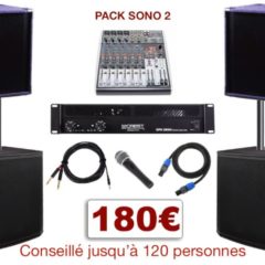 Pack sono special mariage, anniversaire, soirée dansante. 1 table de mixage, 1 ampli 2x500w, 2 caissons de basses, 2 enceintes, 1 micro, câblage.