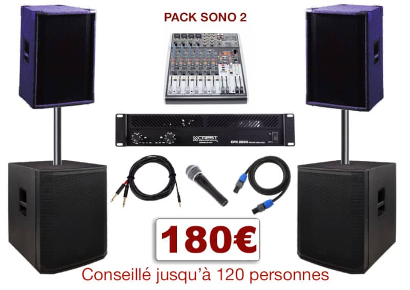 Pack sono special mariage, anniversaire, soirée dansante. 1 table de mixage, 1 ampli 2x500w, 2 caissons de basses, 2 enceintes, 1 micro, câblage.