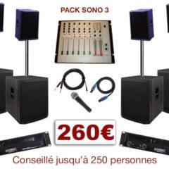 Pack sono special mariage, anniversaire, soirée dansante. 1 table de mixage, 2 amplis, 4 enceintes + 4 caissons de basses, 1 micro, câblage.