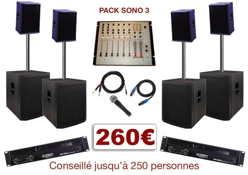 Pack sono special mariage, anniversaire, soirée dansante. 1 table de mixage, 2 amplis, 4 enceintes + 4 caissons de basses, 1 micro, câblage.