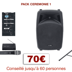 Ensemble de sonorisation pour cérémonie de mariage. 1 enceinte amplifiée avec lecteur USB/MP3 + 1 entrée micro et 1 entrée ligne stéréo, 1 micro H-F, 1 pied d'enceintes, câblage.