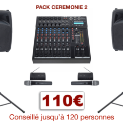 Ensemble de sonorisation pour cérémonie de mariage. 2 enceintes amplifiées, 1 table de mixage avec lecteur USB/MP3 + 2 entrées micro et 2 entrées ligne stéréo, 2 micro H-F, 2 pieds d'enceintes, câblage.