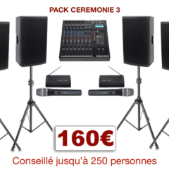 Ensemble de sonorisation pour cérémonie de mariage. 4 enceintes amplifiées, 1 table de mixage avec lecteur USB/MP3 + 2 entrées micro et 2 entrées ligne stéréo, 2 micro H-F, 4 pieds d'enceintes, câblage.