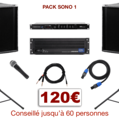 Pack sono special mariage, anniversaire, soirée dansante. 1 lecteur multimédia avec entrée micro, entrée ligne stéréo et lecteur USB, 1 ampli, 2 enceintes x 250 w, 1 micro, câblage.