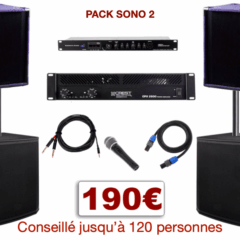 Pack sono special mariage, anniversaire, soirée dansante. 1 lecteur multimédia, 1 ampli 2x500w, 2 caissons de basses, 2 enceintes, 1 micro, câblage.