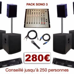 Pack sono special mariage, anniversaire, soirée dansante. 1 table de mixage, 2 amplis, 4 enceintes + 4 caissons de basses, 1 micro, câblage.