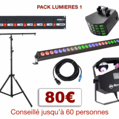 Pack lumière special mariage, anniversaire, soirée dansante. 1 barre à leds, 2 multi-effets sur pied, 1 Dispatch + câblage.
