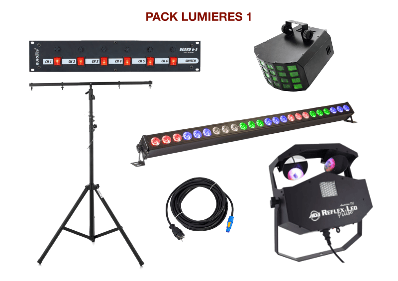 Pack lumière special mariage, anniversaire, soirée dansante. 1 BarreLed, 2 multi-effets sur pied, 1 Dispatch + câblage.