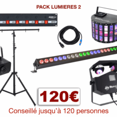 Pied télescopique, 1 barre à leds, 2 multi-effets, 1 machine à fumée, 1 Dispatch + câblage