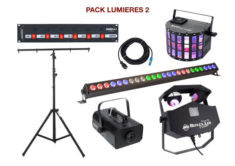 Pack lumière special mariage, anniversaire, soirée dansante avec 1 BarreLed, 2 multi-effets sur pied, 1 Machine à fumée, 1 Dispatch + câblage.