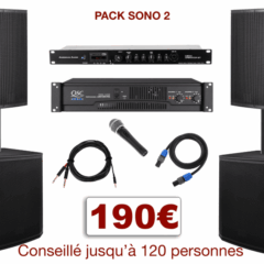 Pack sono special mariage, anniversaire, soirée dansante. 1 lecteur multimédia, 1 ampli 2x450w, 2 caissons de basses, 2 enceintes, 1 micro, câblage.