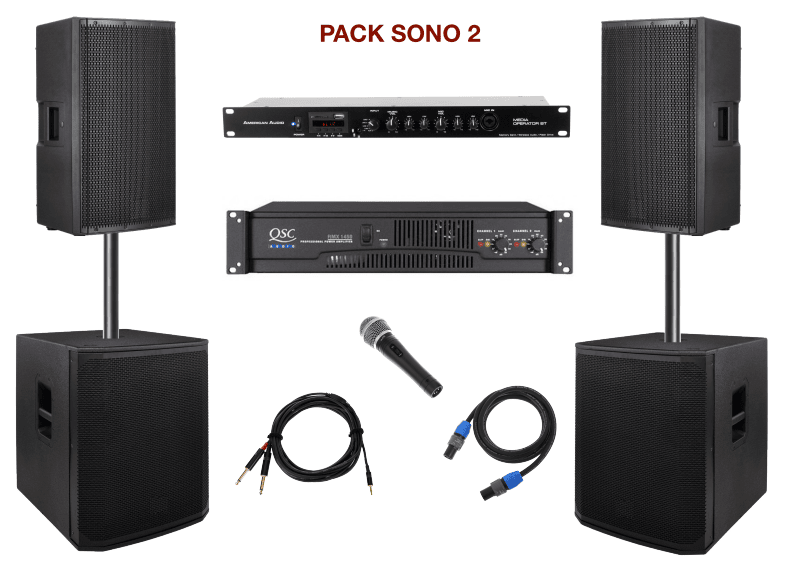 Pack sono special mariage, anniversaire, soirée dansante. 1 lecteur multimédia, 1 ampli 2x450w, 2 caissons de basses, 2 enceintes, 1 micro, câblage.