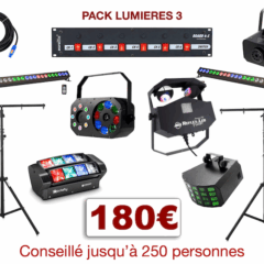 Location matériel éclairage pour mariage ou soirée dansante avec 2 pieds télescopique, 2 Barreleds, 4 multi-effets, 1 machine à fumée, 1 Dispatch + câblage. Conseillé jusqu'à 250 personnes