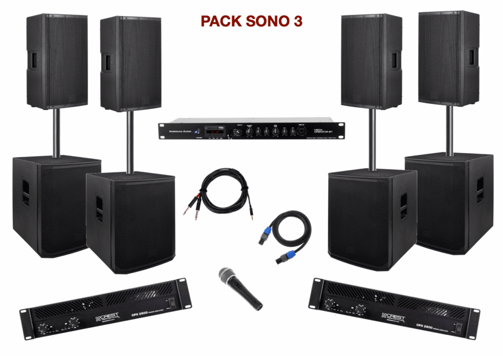 Pack sono special mariage, anniversaire, soirée dansante. 1 lecteur multimédia, 2 amplis, 4 enceintes + 4 caissons de basses, 1 micro, câblage.