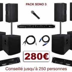 Pack sono special mariage, anniversaire, soirée dansante. 1 lecteur multimedia, 2 amplis, 4 enceintes + 4 caissons de basses, 1 micro, câblage.