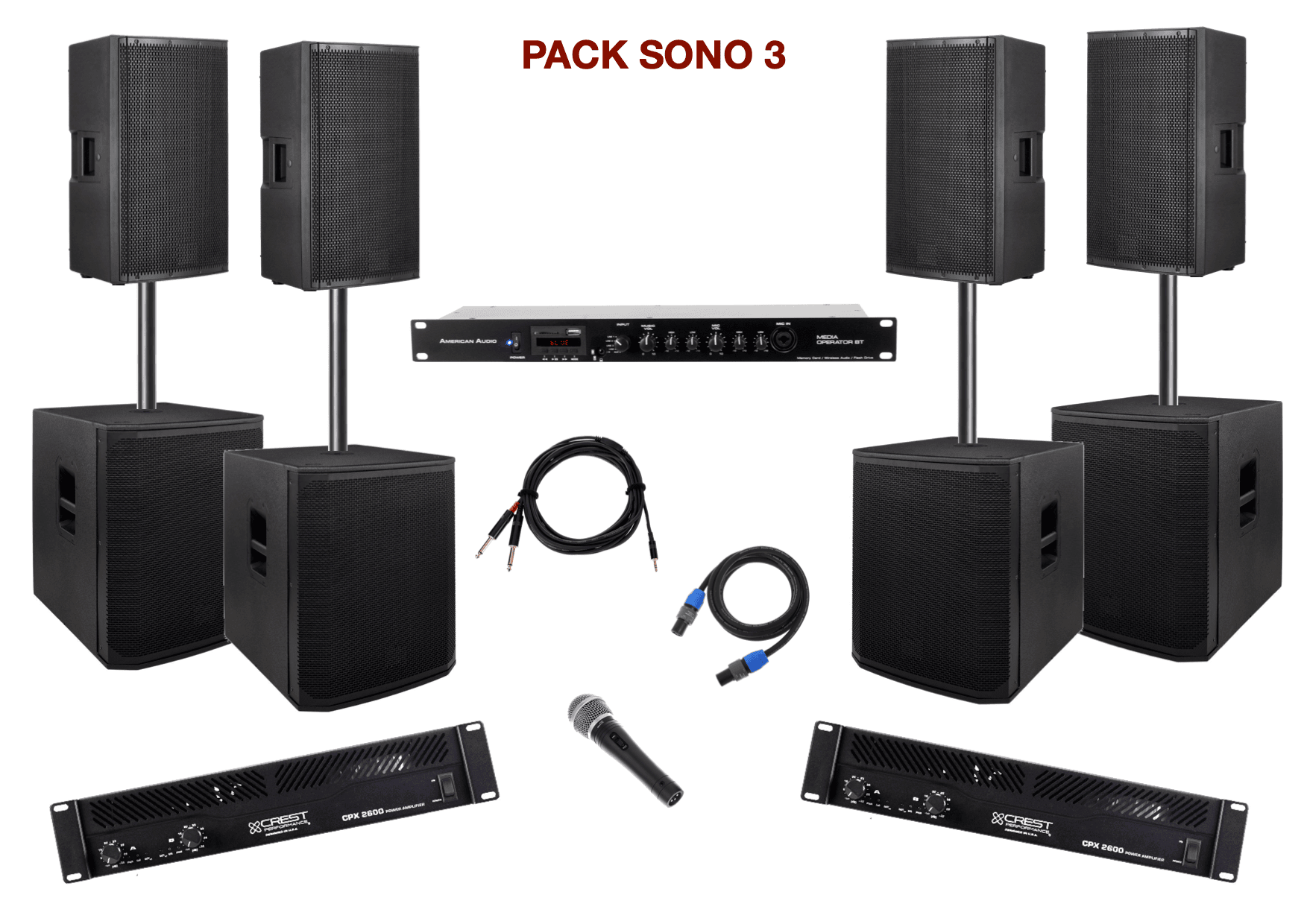 Pack sono special mariage, anniversaire, soirée dansante. 1 lecteur multimedia, 2 amplis, 4 enceintes + 4 caissons de basses, 1 micro, câblage.