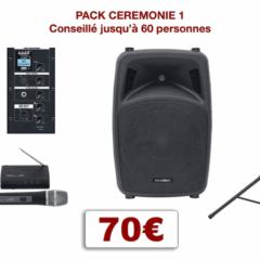 Ensemble de sonorisation pour cérémonie de mariage. 1 enceinte amplifiée avec lecteur USB/MP3 + 1 entrée micro et 1 entrée ligne stéréo, 1 micro H-F, 1 pied d'enceintes, câblage.