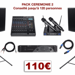 Ensemble de sonorisation pour cérémonie de mariage. 1 ampli, 2 enceintes, 1 table de mixage avec lecteur USB/MP3/Bluetooth + 2 entrées micro et 2 entrées ligne stéréo, 2 micro H-F, 2 pieds d'enceintes, câblage.