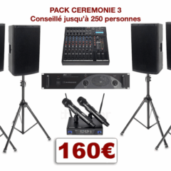 Ensemble de sonorisation pour cérémonie de mariage. 1 ampli, 4 enceintes, 1 table de mixage avec lecteur USB/MP3/Bluetooth + 2 entrées micro et 2 entrées ligne stéréo, 2 micro H-F, 4 pieds d'enceintes, câblage.